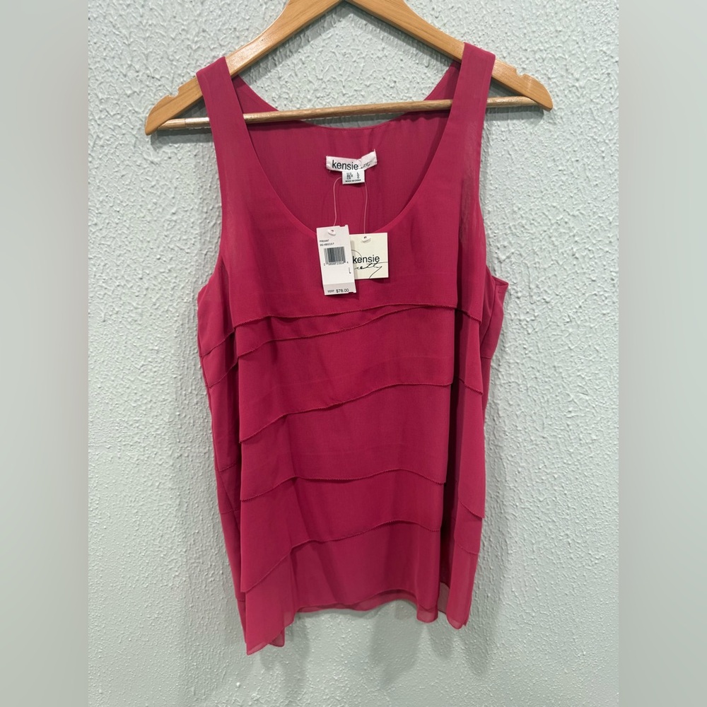 Kensie Women’s Pink Tiered Ruffle Sleeveless Scoop Neck Size L NWT